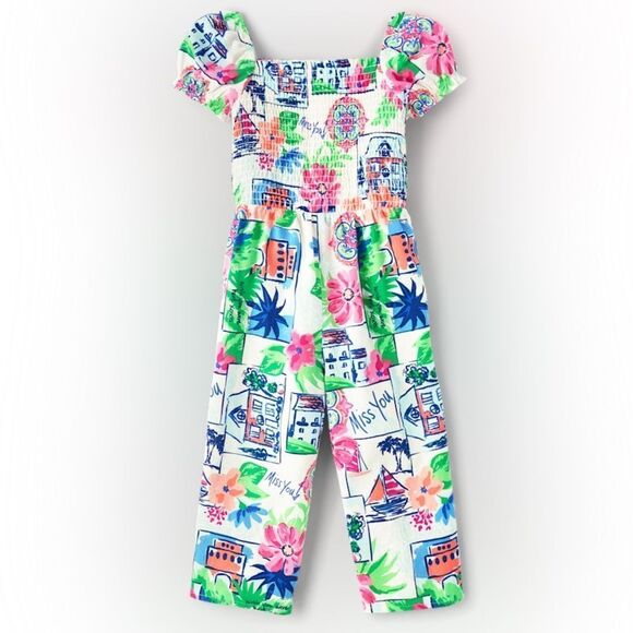 GYMBOREE Linen-Blend Smocked Jumpsuit - Italian Riviera NEW - Picture 2 of 7